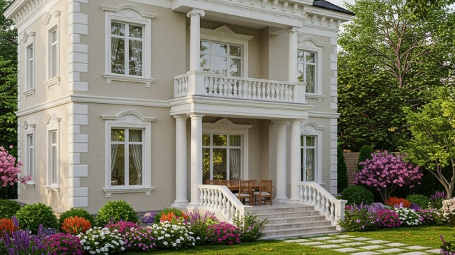 Rumah klasik 2 lantai pakai balkon dan open space. (Gemini AI)