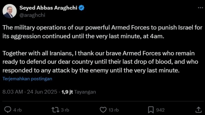 Abbas Araghchi merespons pernyataan Presiden Amerika Serikat, Donald Trump's soal adanya gencatan senjata dengan Israel. [X]