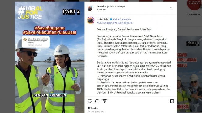 Soroti Krisis Enggano, Rieke Diah Pitaloka Minta Tetapkan Status Darurat. [Instagram]