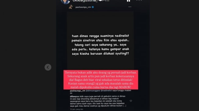 Okie Agustina mengungkap kebiasaan Dimas Anggara yang kerap melakukan pemukulan di lokasi syuting. [Instagram]