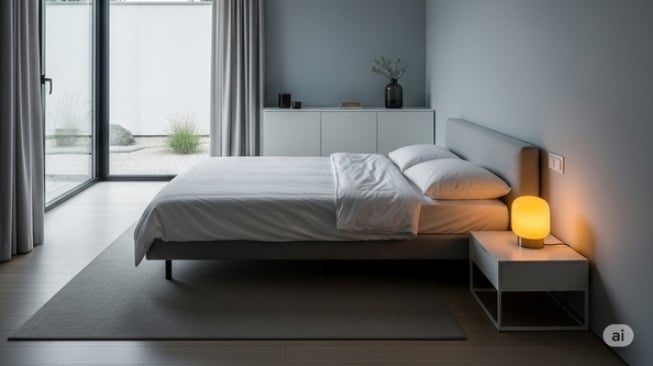 Ilustrasi kamar tidur minimalis modern dengan pencahayaan yang nyaman untuk istirahat (AI)