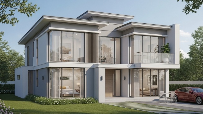ilustrasi rumah minimalis modern 2 lantai (dibuat dengan AI)