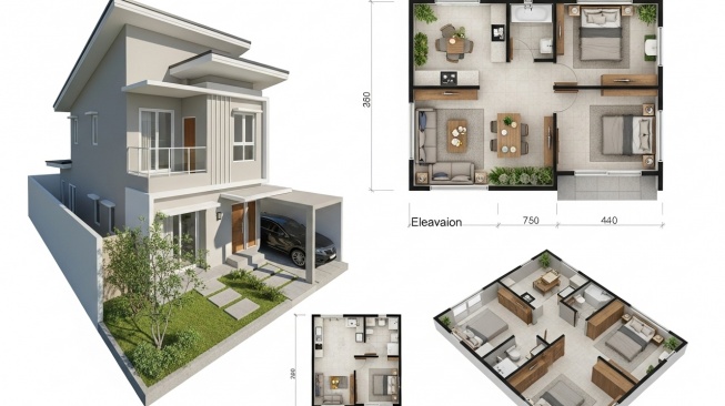 ilustrasi desain rumah minimalis modern 2 lantai (dibuat dengan AI)