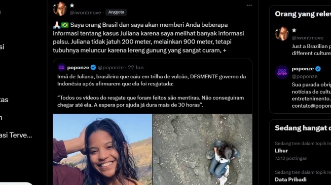 Warga Brasil Temukan 3 Faktor Sulitnya Evakuasi Juliana Marins di Gunung Rinjani. [X]