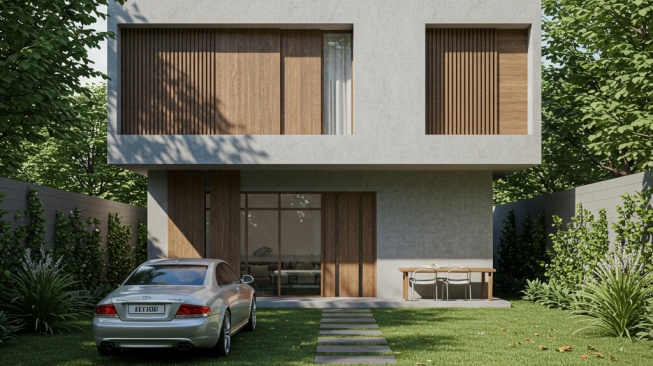 Rumah minimalis modern 2 lantai pola garis. (Gemini AI)