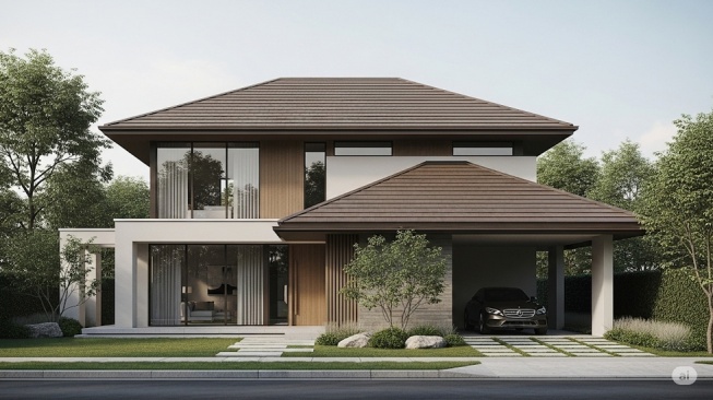 Ilustrasi rumah modern minimalis dengan genteng warna cokelat tua yang bagus menurut fengshui (AI)