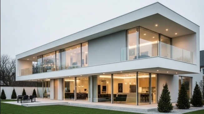 Desain rumah minimalis modern berbentuk persegi panjang yang bagus menurut prinsip fengshui (AI)