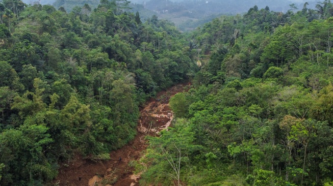 Foto udara material tanah longsor yang menimbun lahan pertanian di Desa Tenjowaringin, Kecamatan Salawu, Kabupaten Tasikmalaya, Jawa Barat, Selasa (1/7/2025). [ANTARA FOTO/Adeng Bustomi/foc]