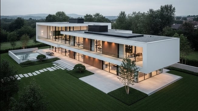 Desain rumah minimalis modern berbentuk persegi panjang yang bagus menurut prinsip fengshui (AI)