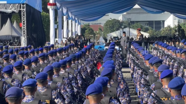 Presiden Prabowo Subianto saat menghadiri HUT Bhayangkara ke-79 yang digelar di Lapangan Silang Monas, Jakarta, Selasa (1/7/2025). (Suara.com/Novian)