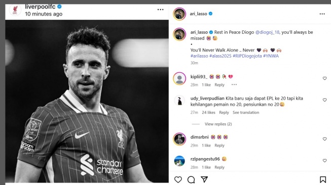7 Artis Berduka Atas Kepergian Diogo Jota, Ari Lasso hingga Desta Emosional. [Instagram]