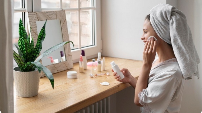 Ilustrasi wanita sedang memakai skincare (Freepik)