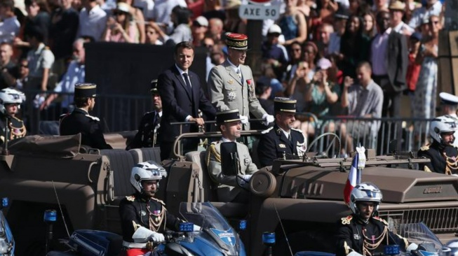 Presiden Prancis Emmanuel Macron menghadiri perayaan tahunan Hari Bastille pada 14 Juli 2022 (x.com/@XHIndonesia)