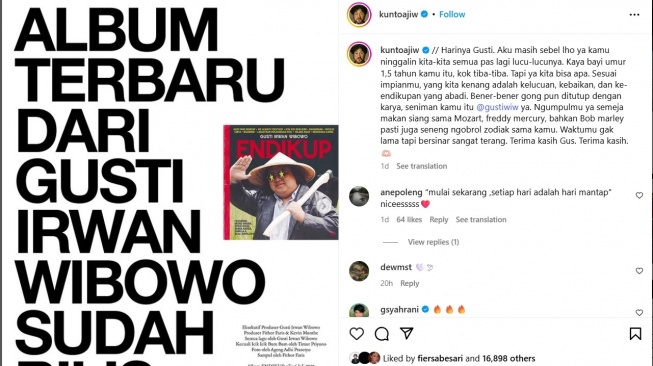 Pesan Emosional Kunto Aji ke Mendiang Gustiwiw di Hari Rilis Album Terakhirnya. [Instagram]
