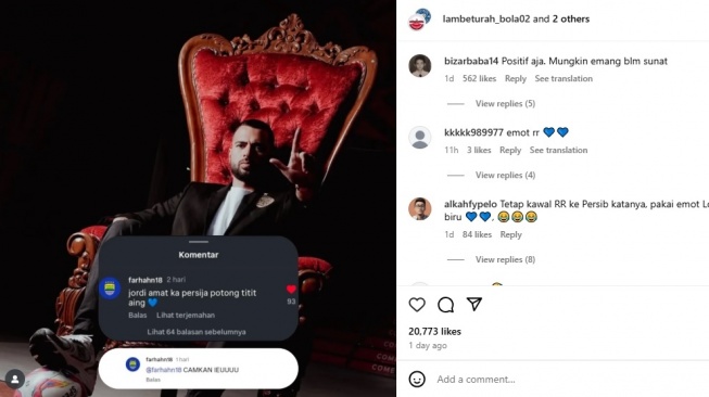 Sebuah komentar dari akun sepak bola mendadak viral di media sosial, di mana akun tersebut berjanji akan memotong alat kelaminnya karena Jordi Amat bergabung Persija Jakarta. (IG)
