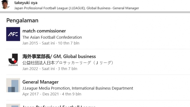Rekam jejak Takeyuki Oya yang ditunjuk jadi GM Kompetisi dan Operasional LIB. (Linkedin Takeyuki Oya)