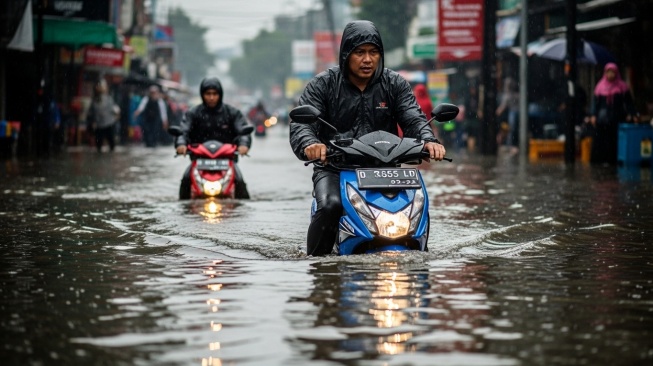 Ilustrasi motor matic terjang banjir  (Google AI Studio)