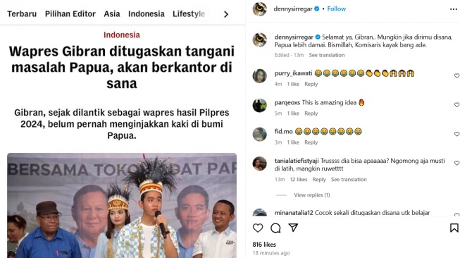 Sorotan publik ke Gibran salah satunya dari pegiat media sosial Dennysiregar [Instagram @dennysiregar]