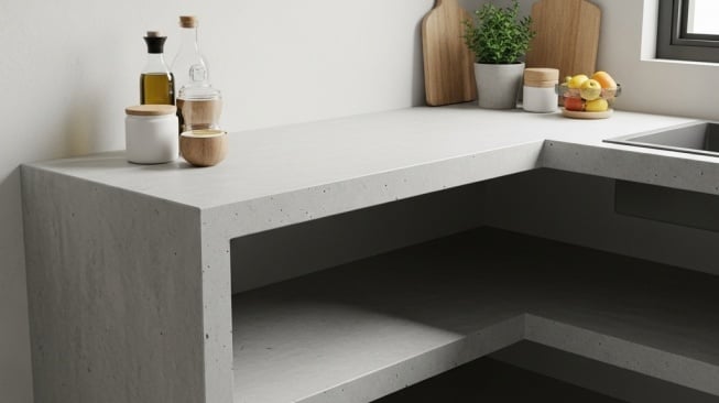 Meja beton cor dapur untuk ide kitchen set minimalis. [AI]