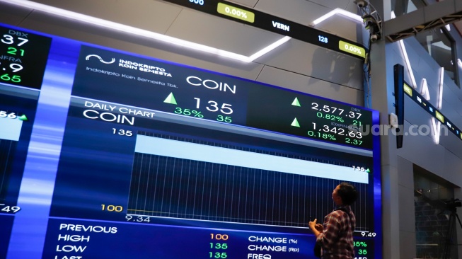 Layar digital menampilkan pergerakan Indeks Harga Saham Gabungan (IHSG) di Bursa Efek Indonesia (BEI), Jakarta, Rabu (9/7/2025). [Suara.com/Alfian Winanto]
