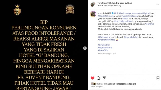 Kronologi Anak Roro Fitria Keracunan Makanan Usai Makan Salmon di Hotel Bintang 5. [Instagram]