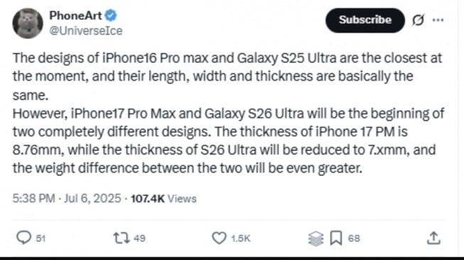 Bocoran iPhone 17 Pro Max dan Samsung Galaxy S26 Ultra. [Gizmochina]