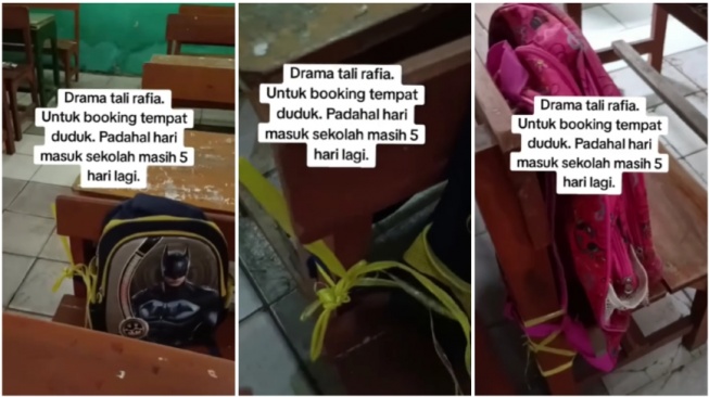 Seorang ibu nampak melepas tas yang sudah diikat di bangku kelas urutan depan (Instagram)