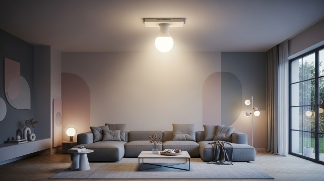 Ilustrasi lampu cerdas atau smart lamp LED di dalam ruangan (Google Studio AI)