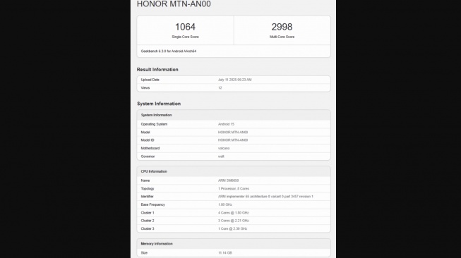 Geekbench Honor X70. [Gizmochina]