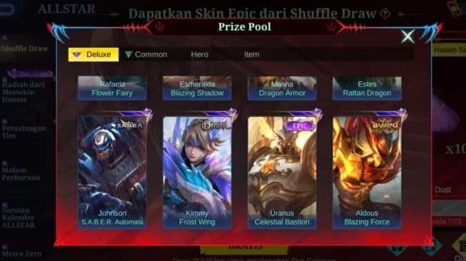 Hadiah skin Epic gratis di Mobile Legends. (Suara.com/ Rezza Rachmanta)