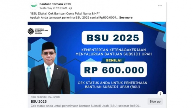 Hoaks link cara cek Bantuan Subsidi Upah (BSU) tanpa NIK atau nomor induk kependudukan. [Ist]