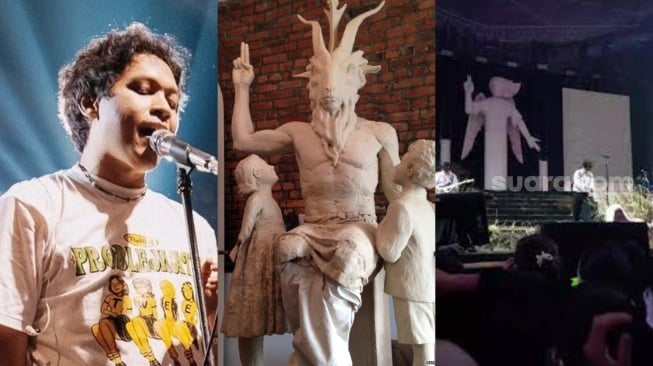 Kolase - Hindia (kiri), patung Baphomet sebagai simbol okultisme barat, dan Baskara Putra alias Hindia dalam konser. Hindia ditolak konser di Tasikmalaya karena dianggap penyembah setan. [Suara.com]