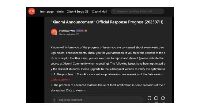 Pemberitahuan bug Xiaomi. [Xiaomi Community]