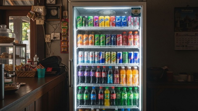 Kulkas showcase atau kulkas minuman di warung. (Google AI Studio)