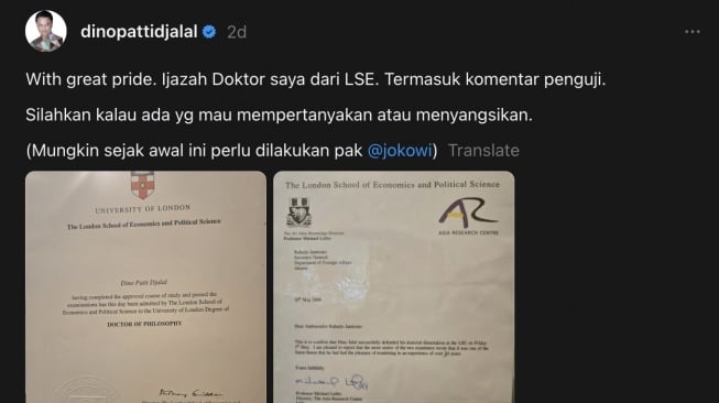 Dino Patti Djalal Unggah Ijazah S3 Sembari Senggol Jokowi, Kebanting!