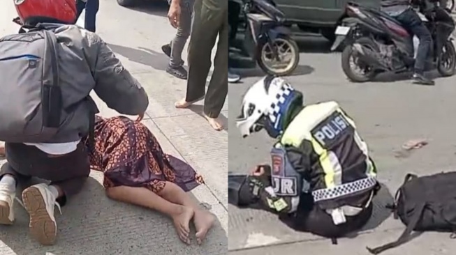 Kecelakaan polisi PJR Polda Sumut dengan seorang nenek-nenek di Jalan SM Raja Medan. [Istimewa]