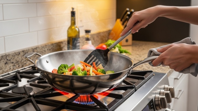 Memasak menggunakan wajan stainless steel anti lengket (Google Studio AI)