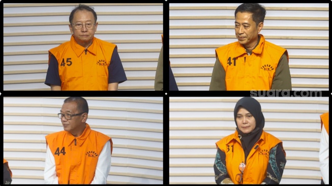 Foto kolase Para tersangka kasus gratifikasi terkait pengurusan rencana Penggunaan Tenaga Kerja Asing (RPTKA) ditahan usai menjalani pemeriksaan di Gedung Meraah Putih KPK, Jakarta, Kamis (17/7/2025).  [Suara.com/Alfian Winanto]