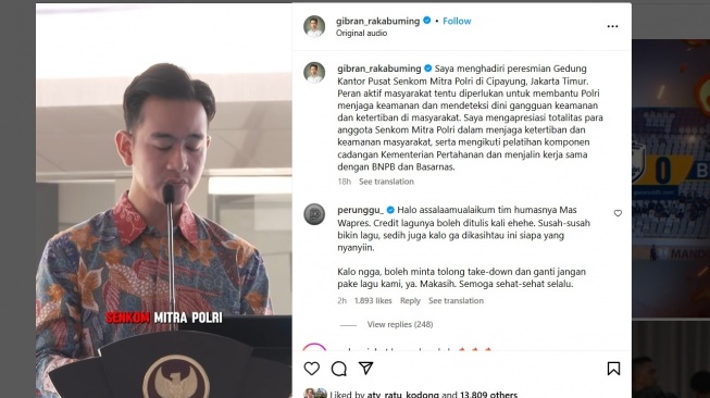 Lagu Dipakai Tanpa Izin untuk Konten Wapres, Band Perunggu Sentil Tim Gibran. [Instagram]