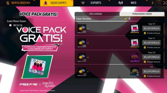 Hadiah tema Squid Game di Free Fire. (Suara.com/ Rezza Rachmanta)