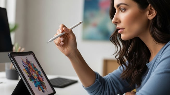 Ilustrasi perempuan menggunakan stylus pen (Google Studio AI)
