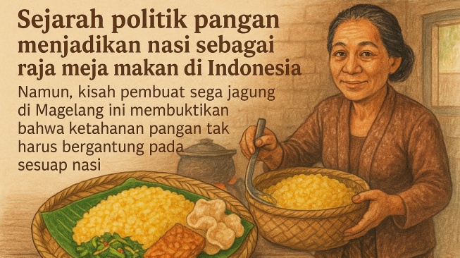 Ilustrasi hidangan nasi jagung sebagai asupan alternatif karbohidrat pengganti nasi. [ChatGPT]