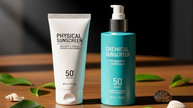 Ilustrasi Physical Sunscreen dan Chemical Sunscreen. (Google AI Studio)