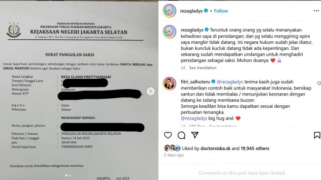 dr Reza Gladys membagikan surat pemanggilan oleh Pengadilan Negeri Jakarta Selatan, dalam kasus pemerasan yang dilakukan Nikita Mirzani. [Instagram]