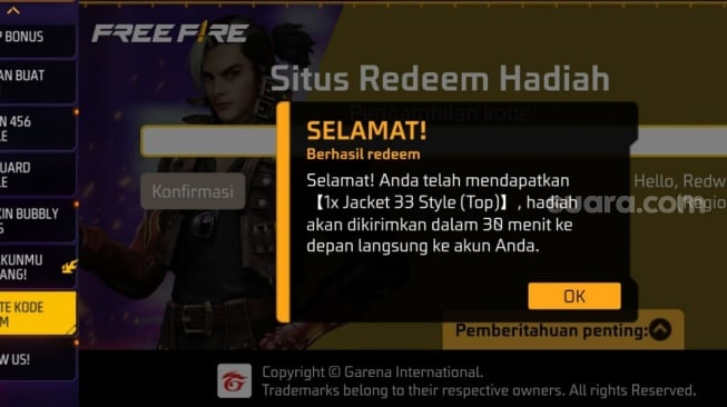Hadiah kode redeem FF dan FF Max untuk merayakan kemenangan EVOS. (ist)