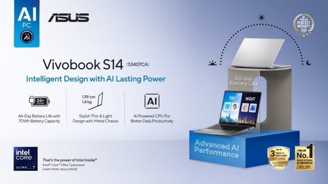 ASUS Vivobook S14 (S3407CA), Laptop AI dengan Intel Core Ultra Processors (Series 2)