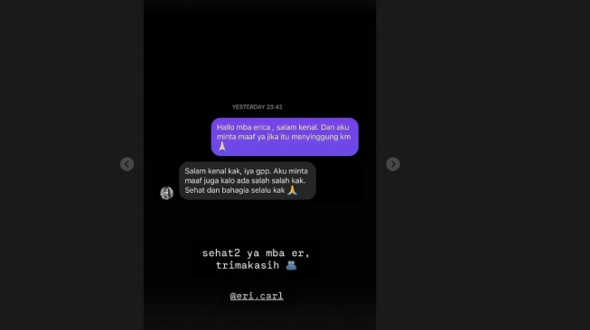 Reaksi Erika Carlina Usai Nathalie Holscher Memelas Minta Maaf. [Instagram]
