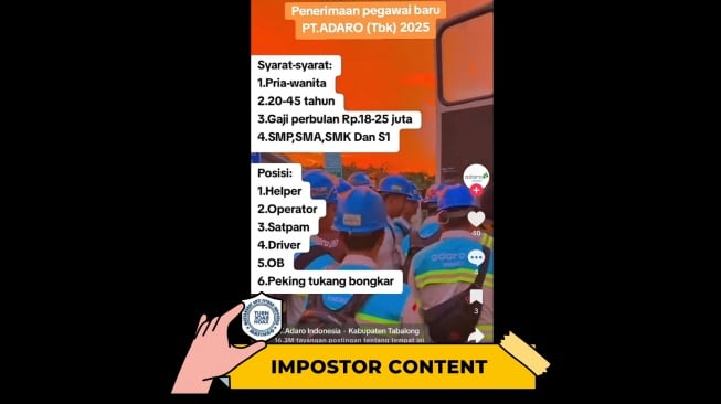 CEK FAKTA, Beredar di TikTok, PT Adaro Buka Lowongan Kerja dengan Gaji Rp 25 Juta. [TurnBackHoax.id]