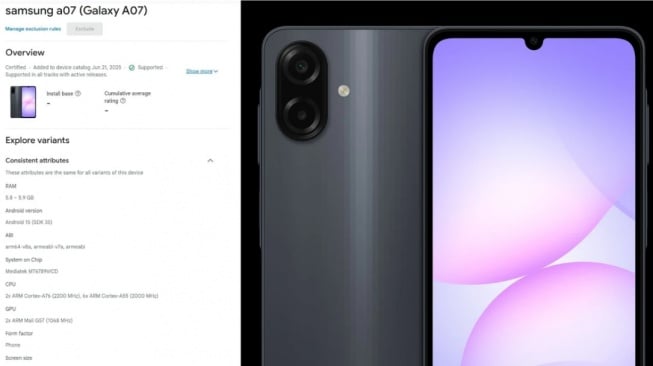 Penampakan Samsung Galaxy A07. (Google Play Console via XpertPick)