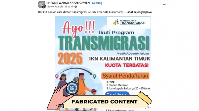CEK FAKTA, Info Pendaftaran Transmigrasi ke IKN Tersebar di Facebook. [TurnBackHoax.id]